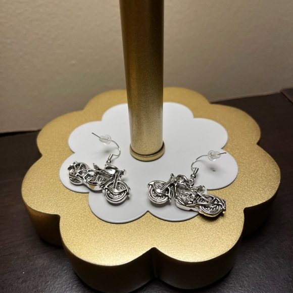 Silver Motorcycle Earrings, Handcrafted - Picture 2 of 5